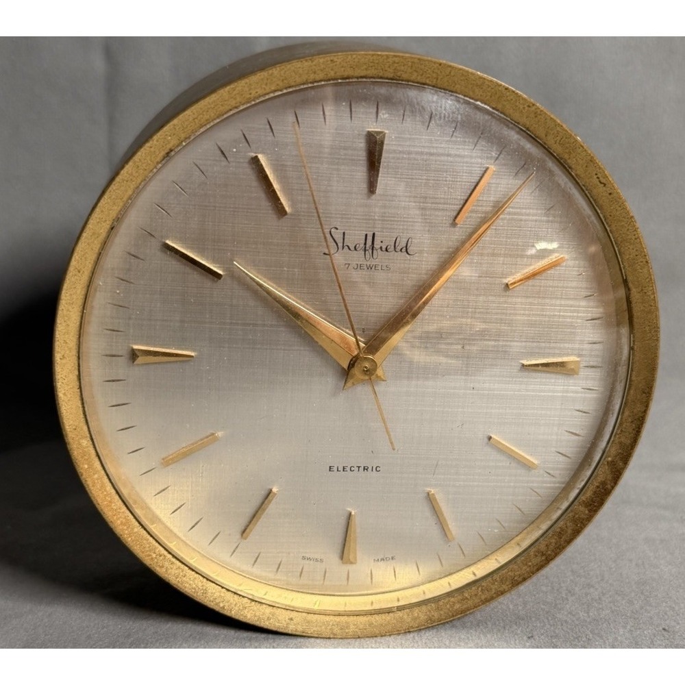 Vtg Sheffield Electric 7-Jewel Solid Brass Desk Clock Swiss Made MCM Working